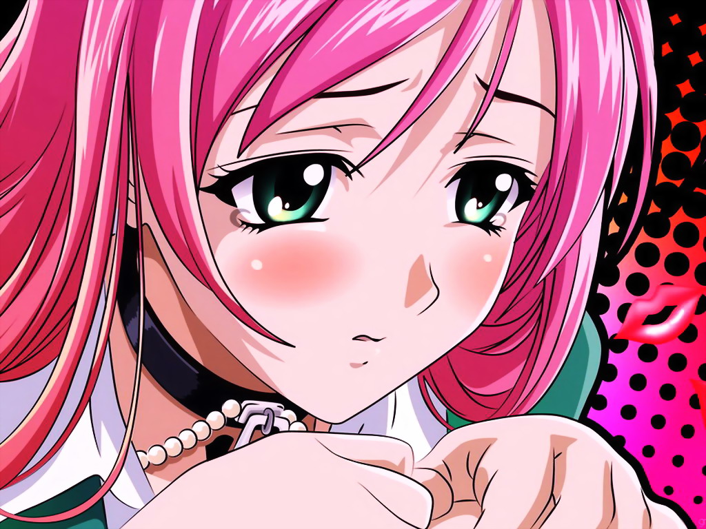 akashiya moka, rosario+vampire, 00s, 1girl, blush, closed mouth, collared shirt, female focus, green eyes, jewelry, long hair, necklace, pearl necklace, pink hair, shirt, smile, solo, tareme, upper body, white shirt