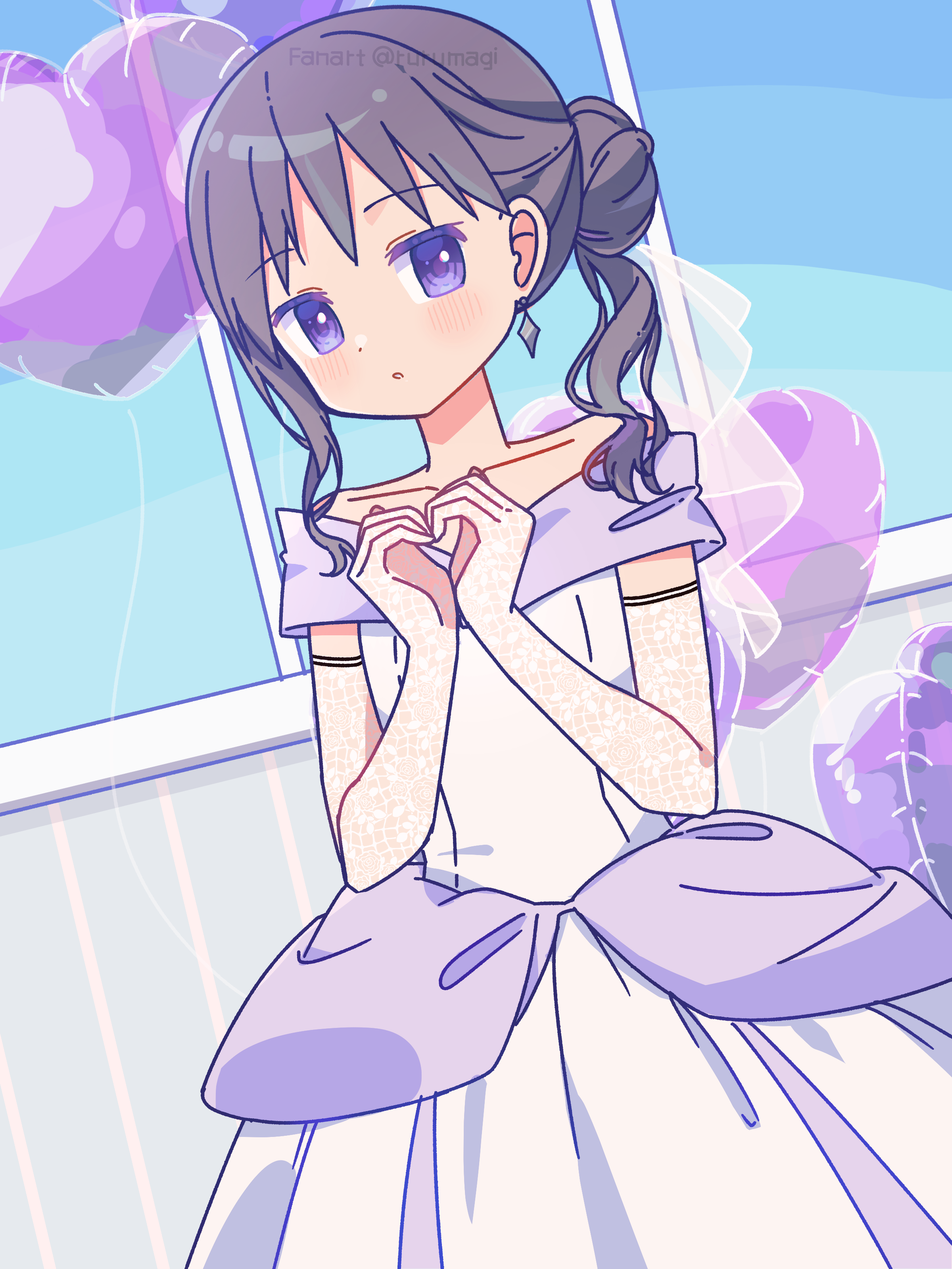 ruru (rurumagi), akemi homura, mahou shoujo madoka magica, absurdres, commentary request, highres, 1girl, alternate hairstyle, balloon, black hair, day, dress, elbow gloves, gloves, hair bun, heart balloon, long hair, purple eyes, single hair bun, solo, white dress, window