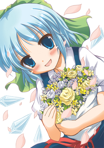 kawai kei (artist), cirno, shoot the bullet, touhou, lowres, 1girl, blue eyes, blue hair, blush, female focus, flower, matching hair/eyes, plant, ribbon, solo, white background, wings
