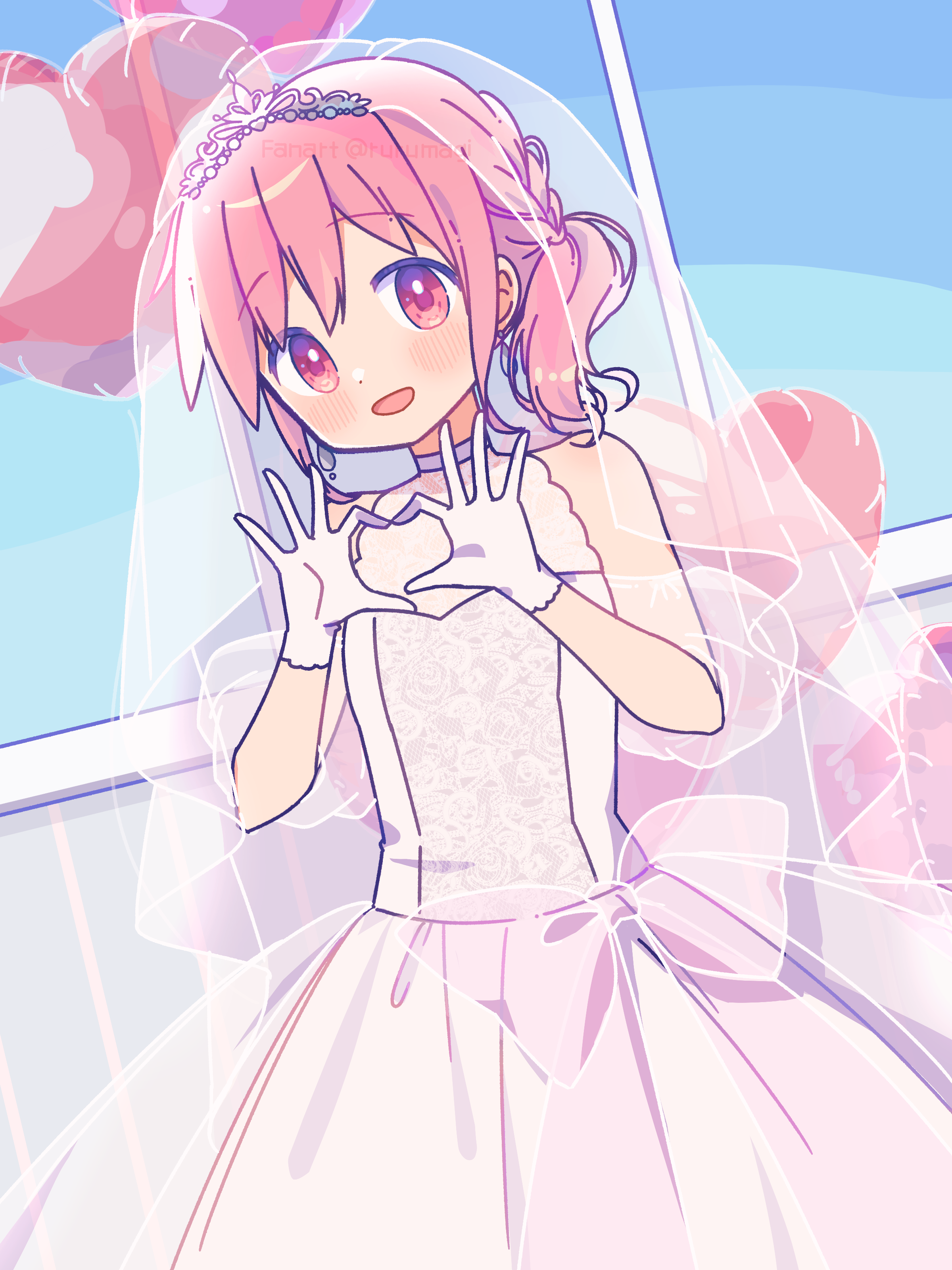 ruru (rurumagi), kaname madoka, mahou shoujo madoka magica, absurdres, commentary request, highres, revision, 1girl, alternate hairstyle, dress, four-finger heart hands, gloves, heart, heart hands, medium hair, pink eyes, pink hair, short twintails, solo, twintails, veil, white dress, white gloves, white veil