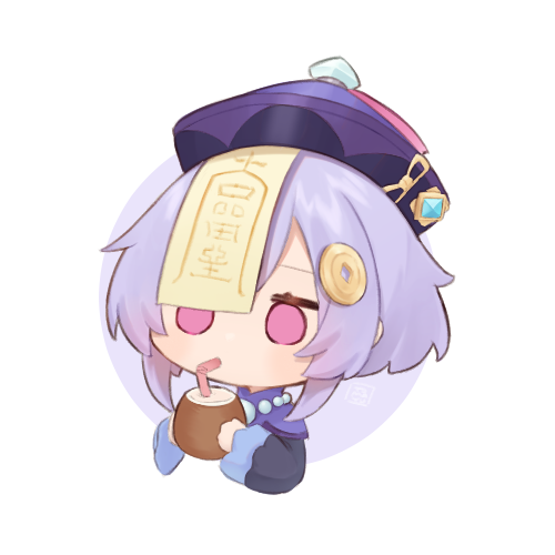 7mb yut, qiqi (genshin impact), genshin impact, commentary request, lowres, 1girl, bead necklace, beads, chibi, chibi only, coconut, coin hair ornament, drinking, food, fruit, hair ornament, hat, holding, holding food, holding fruit, jewelry, long sleeves, necklace, no nose, ofuda, ofuda on head, parted bangs, pink eyes, qingdai guanmao, simple background, solid circle eyes, solo, upper body, white background, wide sleeves, yen