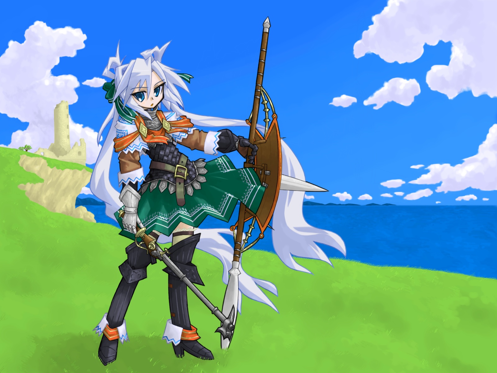 mof, mof's silver haired twintailed girl, highres, armor, blue eyes, blue hair, gloves, long hair, ocean, polearm, shield, solo, spear, twintails, very long hair, weapon