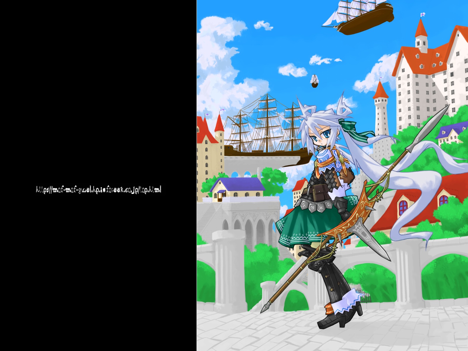 mof, mof's silver haired twintailed girl, highres, armor, blue eyes, blue hair, castle, gloves, long hair, polearm, ship, solo, spear, twintails, very long hair, watercraft, weapon