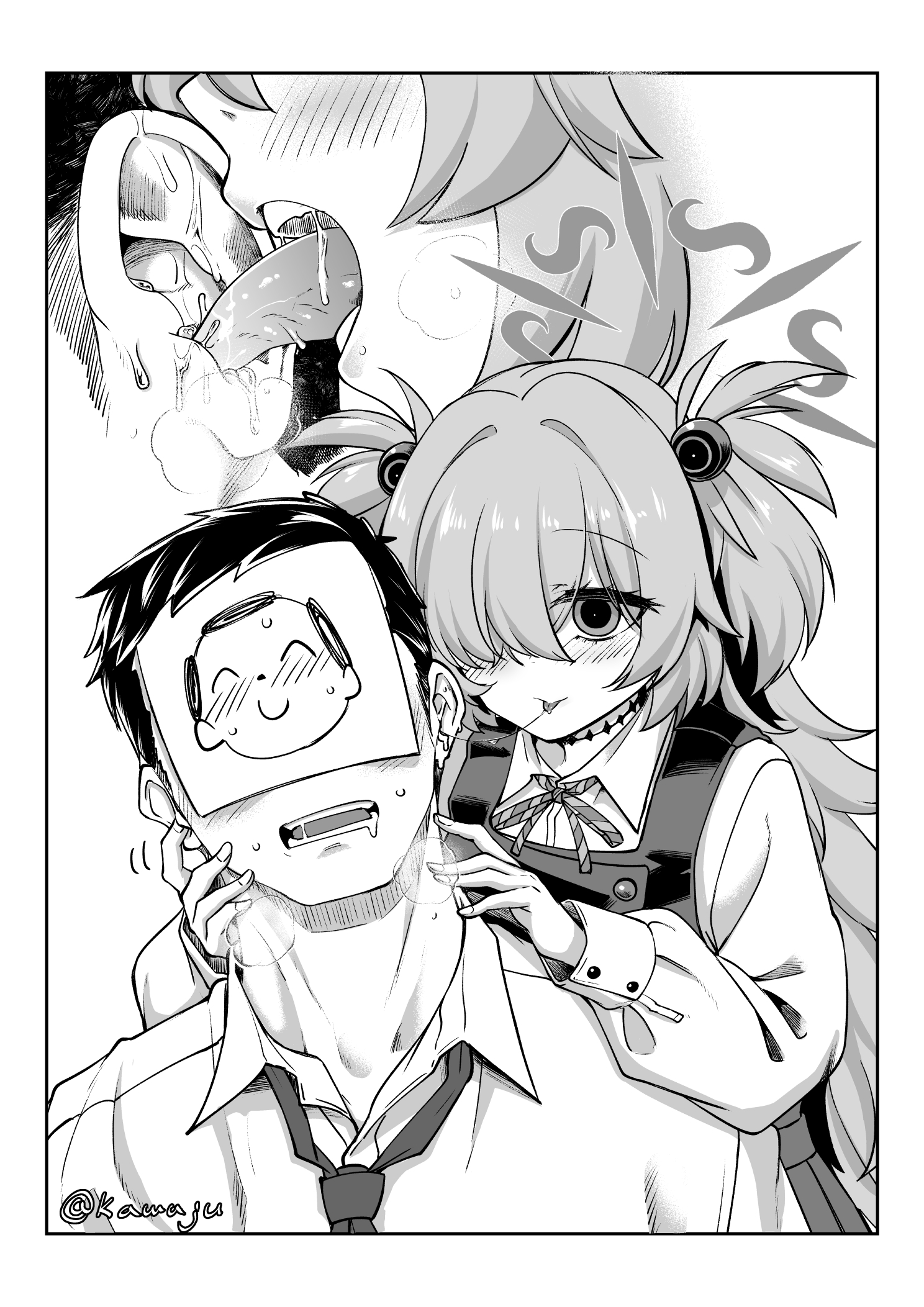kawajuu, kanoe (blue archive), sensei (blue archive), blue archive, highres, 1boy, 1girl, choker, collared shirt, diagonal-striped ribbon, dress, ear licking, greyscale, hair ornament, hair over one eye, licking, long hair, long sleeves, monochrome, pinafore dress, saliva, saliva trail, shirt, sleeveless, sleeveless dress, two side up, very long hair