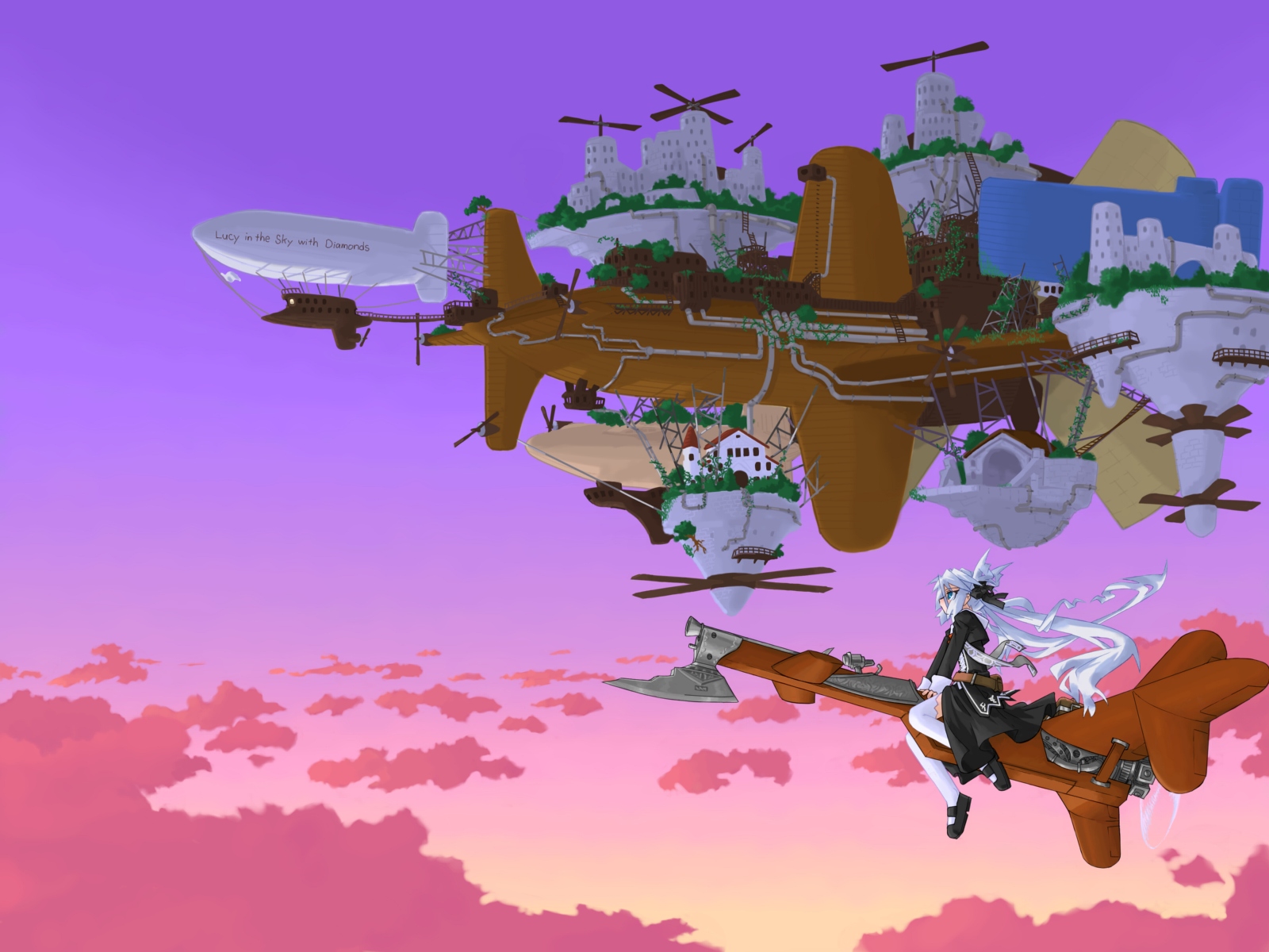 mof, mof's silver haired twintailed girl, original, highres, 1girl, aircraft, airship, blue eyes, blue hair, dirigible, female focus, flying, matching hair/eyes, solo, sunset, twintails, vehicle focus