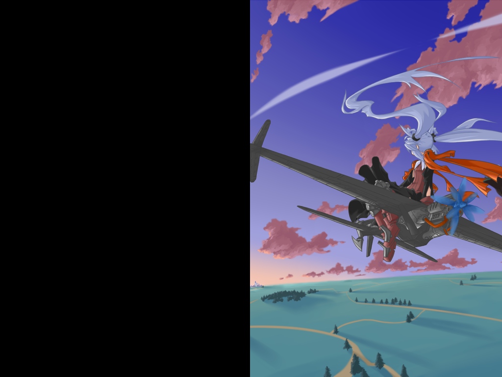 mof, mof's silver haired twintailed girl, original, aircraft, airship, blue hair, flying, solo, twintails, vehicle focus