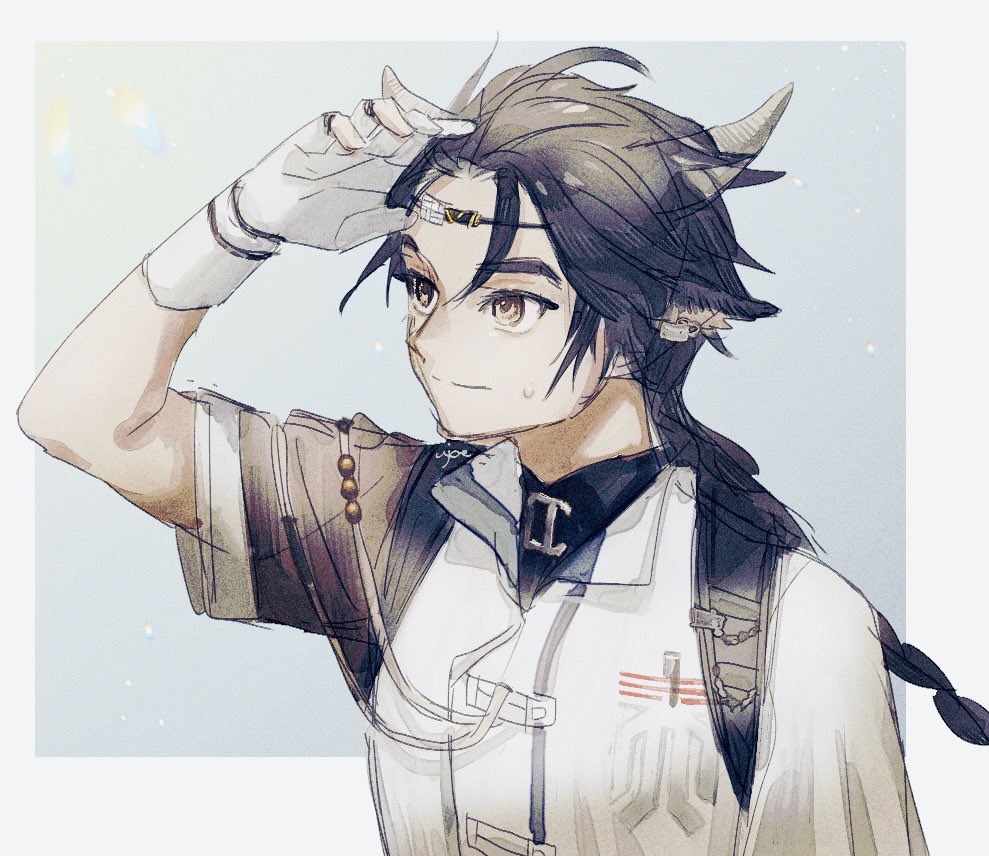 wan qing (arknights), arknights, commentary request, 1boy, animal ears, arm up, black hair, braid, closed mouth, cow ears, cow horns, gloves, gradient background, headband, horns, long hair, looking ahead, male focus, outside border, shading eyes, shirt, short sleeves, sidelocks, single braid, solo, ujoe 7hr, upper body, white gloves, white shirt, yellow eyes
