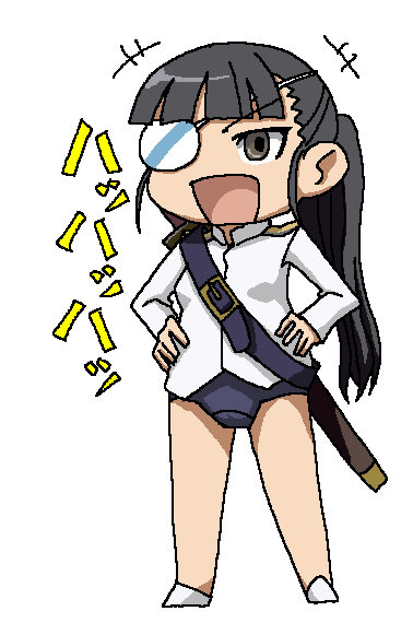 kenchi, sakamoto mio, strike witches, world witches series, bad id, bad pixiv id, translated, 00s, 1girl, animal ears, eyepatch, female focus, laughing, solo, swimsuit, swimsuit under clothes, sword, sword on back, weapon, weapon on back