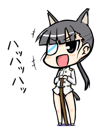 nekoyama, sakamoto mio, strike witches, world witches series, bad id, bad pixiv id, lowres, 00s, 1girl, animal ears, chibi, eyepatch, female focus, laughing, solo, swimsuit, swimsuit under clothes
