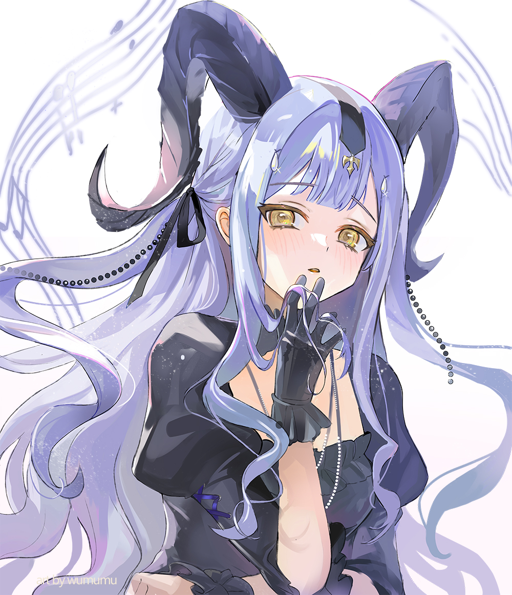 wumumu, togawa sakiko, togawa sakiko (master of melodia), arknights, bang dream!, bang dream! it's mygo!!!!!, commentary, symbol-only commentary, 1girl, black dress, black gloves, black horns, black ribbon, blue hair, blunt bangs, curled horns, detached collar, dress, gloves, hair lift, hair ribbon, hand up, holding, holding own hair, horns, long hair, looking at viewer, musical note, musical staff, open mouth, puffy sleeves, ribbon, sidelocks, solo, two side up, upper body, white background, yellow eyes