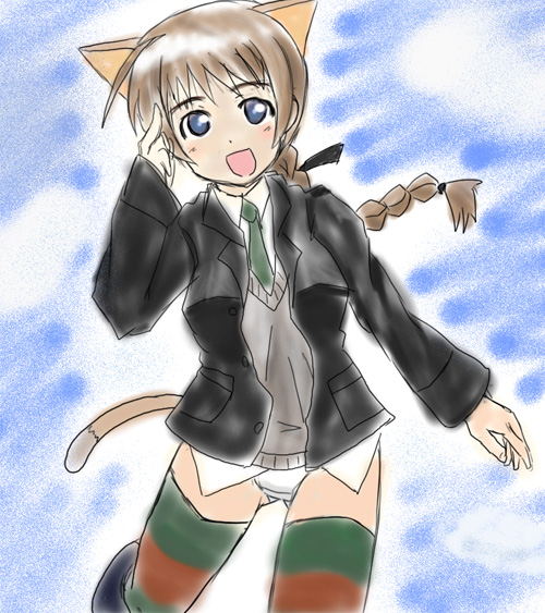 junes, lynette bishop, strike witches, world witches series, bad id, bad pixiv id, 00s, 1girl, animal ears, blue eyes, braid, brown hair, female focus, single braid, solo, thighhighs