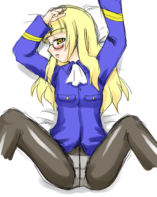 perrine h. clostermann, strike witches, world witches series, 00s, 1girl, blonde hair, blush, crotch seam, female focus, glasses, panties, panties under pantyhose, pantyhose, solo, spread legs, underwear