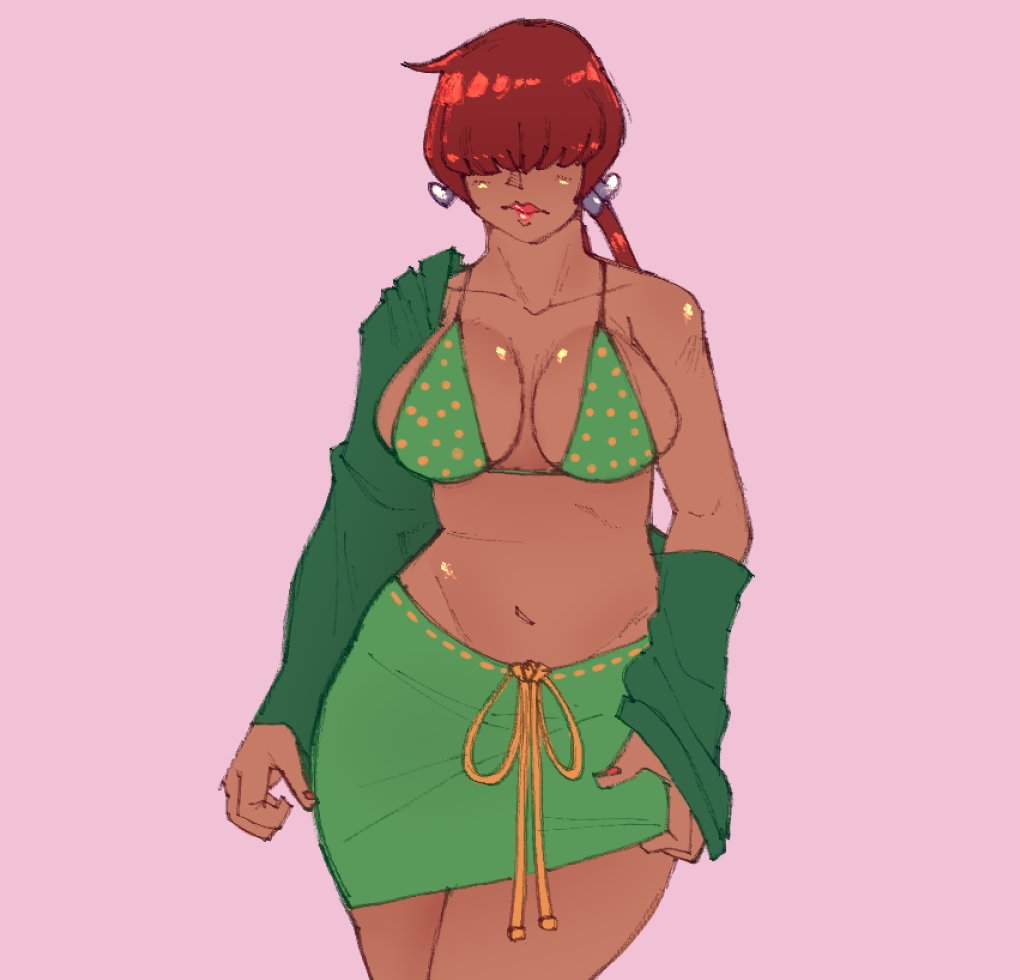 1shermieaday, shermie (kof), the king of fighters, 1girl, bikini, breasts, curvy, dark-skinned female, dark skin, earrings, female focus, heart, huge breasts, jewelry, large breasts, long hair, long sleeves, marellartt, open clothes, ponytail, red hair, skirt, swimsuit, tan, thick lips, thick thighs, thighs, twintails, wide hips