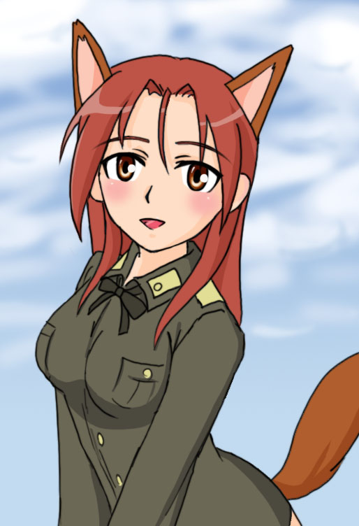 lindor, minna-dietlinde wilcke, strike witches, world witches series, 00s, 1girl, animal ears, brown eyes, buttons, female focus, fox ears, fox tail, long hair, long sleeves, looking at viewer, military, military uniform, red hair, solo, tail, upper body, very long hair