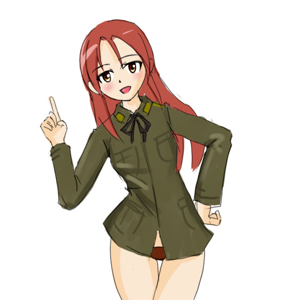 lindor, minna-dietlinde wilcke, strike witches, world witches series, 00s, 1girl, blush, female focus, hand on own hip, hip focus, long hair, military, military uniform, panties, pointing, red hair, red panties, ribbon, solo, thigh gap, thighs, underwear, yellow eyes