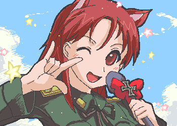 minna-dietlinde wilcke, ranka lee, macross, macross frontier, strike witches, world witches series, lowres, 1girl, animal ears, female focus, m/, oekaki, parody, portrait, seikan hikou, solo