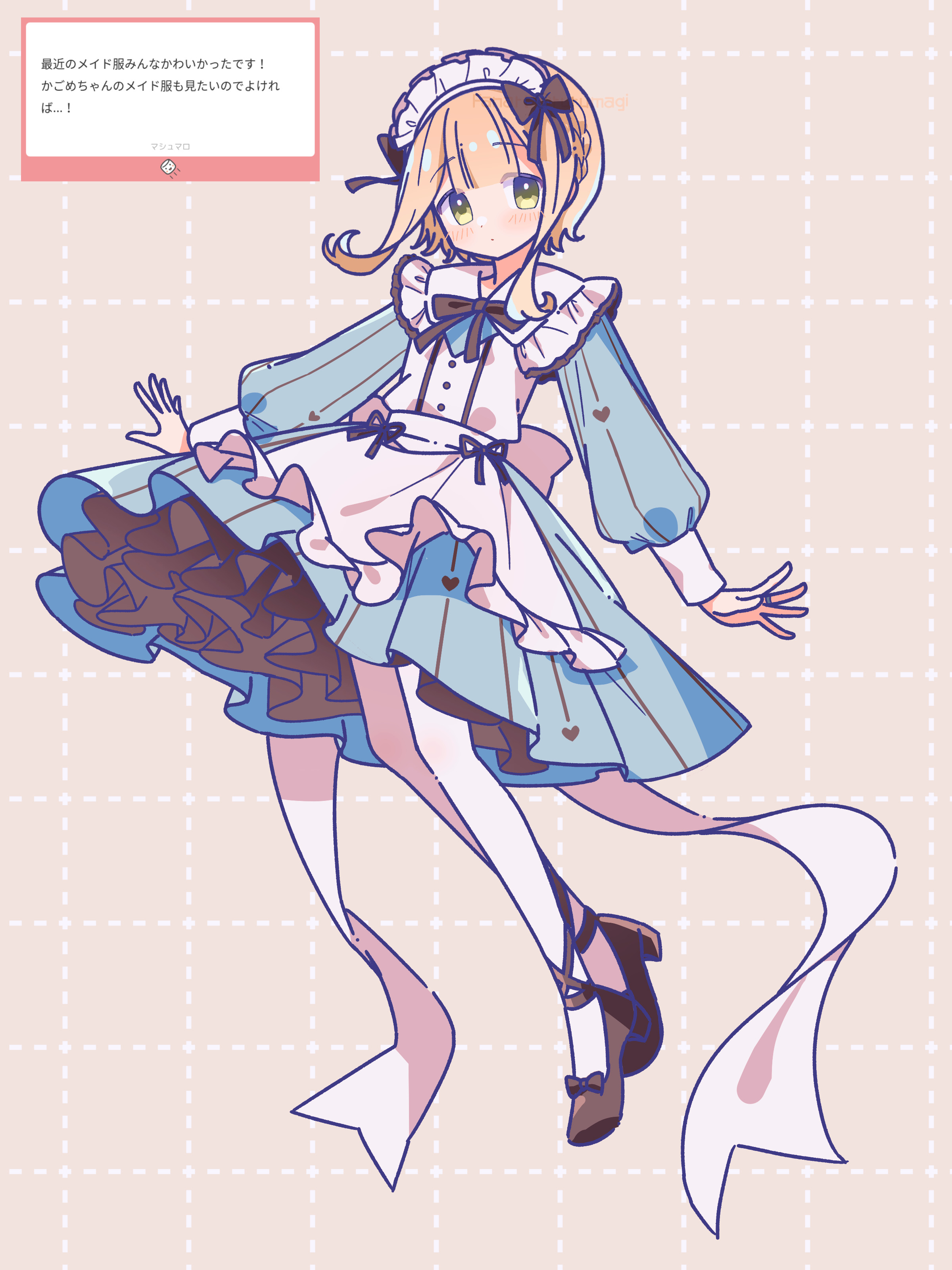 ruru (rurumagi), satori kagome, magia record: mahou shoujo madoka magica gaiden, mahou shoujo madoka magica, absurdres, commentary request, highres, translation request, 1girl, ankle lace-up, apron, black bow, black bowtie, black shoes, blonde hair, blue dress, blunt bangs, blush, bow, bowtie, closed mouth, dress, frilled apron, frills, full body, green eyes, grid background, hair bow, long sleeves, looking at viewer, maid, maid headdress, marshmallow (site), request inset, shoes, short hair, sidelocks, solo, white apron, yellow background