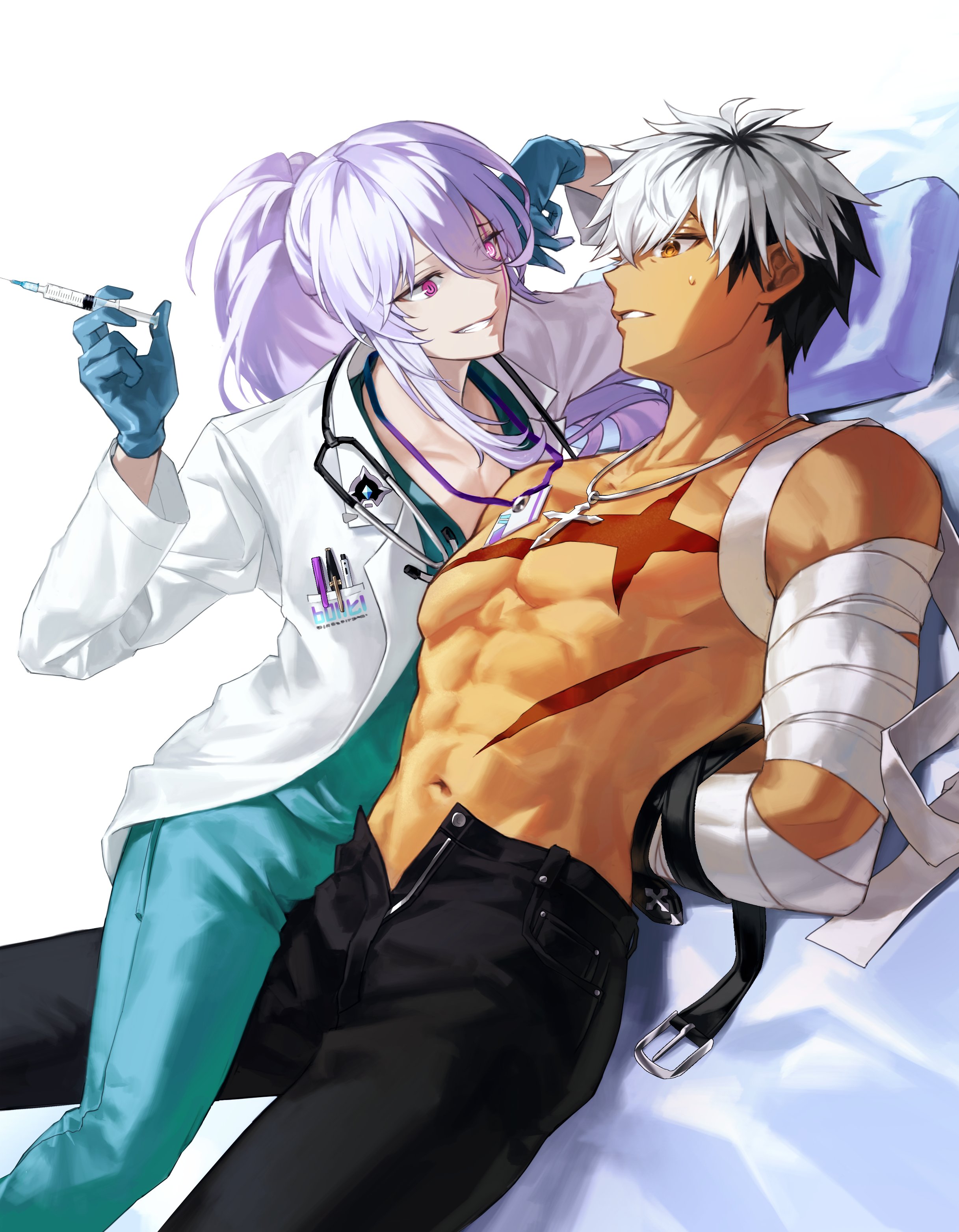 add (elsword), rage hearts (elsword), raven cronwell, elsword, absurdres, artist request, highres, korean commentary, second-party source, 2boys, abs, arms behind back, asymmetrical sidelocks, bandaged arm, bandages, belt, belt buckle, black belt, black hair, black pants, blue gloves, bound, bound arms, buckle, coat, cowboy shot, cross, cross necklace, doctor, downturned eyes, evil grin, evil smile, eye contact, facial mark, gift art, gloves, grin, hand up, holding, holding syringe, implied yaoi, jewelry, lab coat, lapel pin, leg between thighs, long hair, looking at another, lying, male focus, medical scrubs, multicolored hair, multiple boys, necklace, object in pocket, on back, on bed, on side, open fly, orange eyes, overmind (elsword), pants, parted lips, pectoral cleavage, pectorals, pen in pocket, pendant, pillow, pink eyes, pocket, ponytail, purple hair, rubber gloves, scar, scar on chest, short hair, sidelocks, smile, stethoscope, sweatdrop, syringe, tan, toned, toned male, topless male, two-tone hair, white coat, white hair, yellow eyes