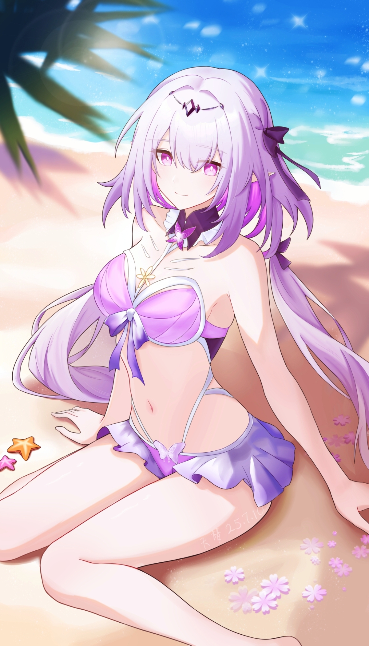 tianmeng, castorice (honkai: star rail), honkai: star rail, honkai (series), chinese commentary, commentary request, highres, 1girl, alternate costume, beach, bikini, breasts, dated, long hair, medium breasts, navel, ocean, outdoors, pointy ears, purple bikini, purple eyes, purple hair, sand, smile, solo, stomach, swimsuit, thighs, very long hair