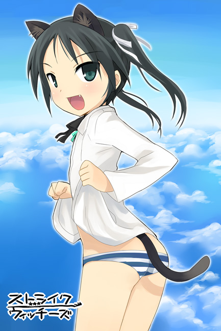 otoutogimi, francesca lucchini, strike witches, world witches series, bad id, bad pixiv id, 00s, 1girl, animal ears, ass, blue panties, fang, female focus, loli, panties, solo, striped clothes, striped panties, tail, underwear