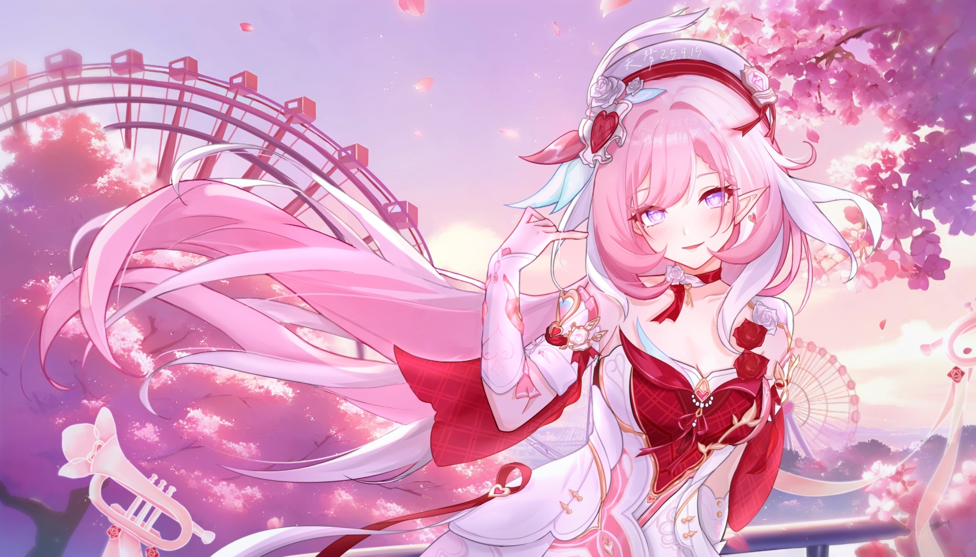 tianmeng, elysia (hi elf of love) (honkai impact), elysia (honkai impact), honkai (series), honkai impact 3rd, commentary request, highres, 1girl, beret, breasts, cherry blossoms, cleavage, detached sleeves, diamond-shaped pupils, diamond (shape), dress, earrings, elf, ferris wheel, hat, heart, heart earrings, instrument, jewelry, large breasts, long hair, multicolored hair, outdoors, pink hair, pointy ears, purple eyes, sky, smile, solo, symbol-shaped pupils, trumpet, two-tone hair, upper body, very long hair, white dress, white hair