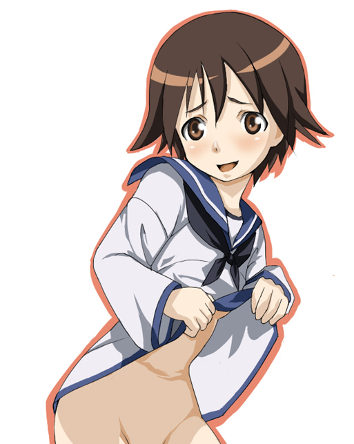 miyafuji yoshika, strike witches, world witches series, 00s, 1girl, brown eyes, brown hair, clothes lift, embarrassed, female focus, no bra, no panties, school uniform, serafuku, shirt lift, short hair, solo