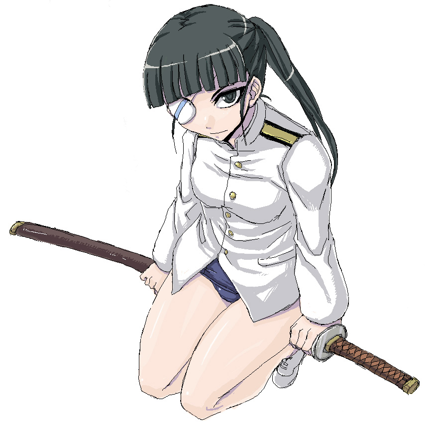minarai, sakamoto mio, strike witches, world witches series, 00s, 1girl, blunt bangs, eyepatch, female focus, green hair, jaggy lines, katana, legs, one-piece swimsuit, school swimsuit, sitting, solo, swimsuit, swimsuit under clothes, sword, weapon