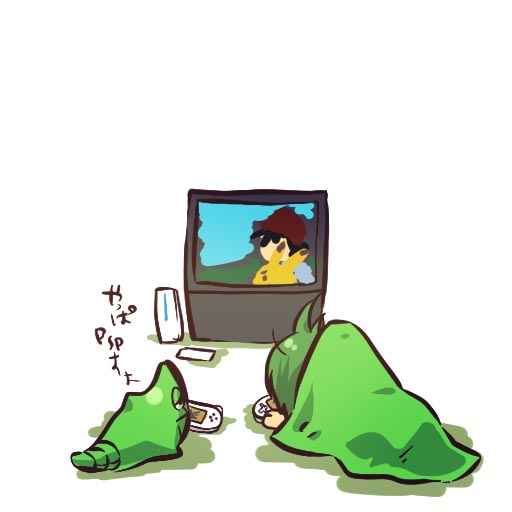 hitec, ash ketchum, metapod, pikachu, moemon, nintendo, pokemon, pokemon (anime), pokemon rgby, translated, 1990s (style), blanket, child, costume, creature and personification, game console, gen 1 pokemon, green hair, handheld game console, personification, playing games, playstation portable, pokemon (creature), retro artstyle, television, wii