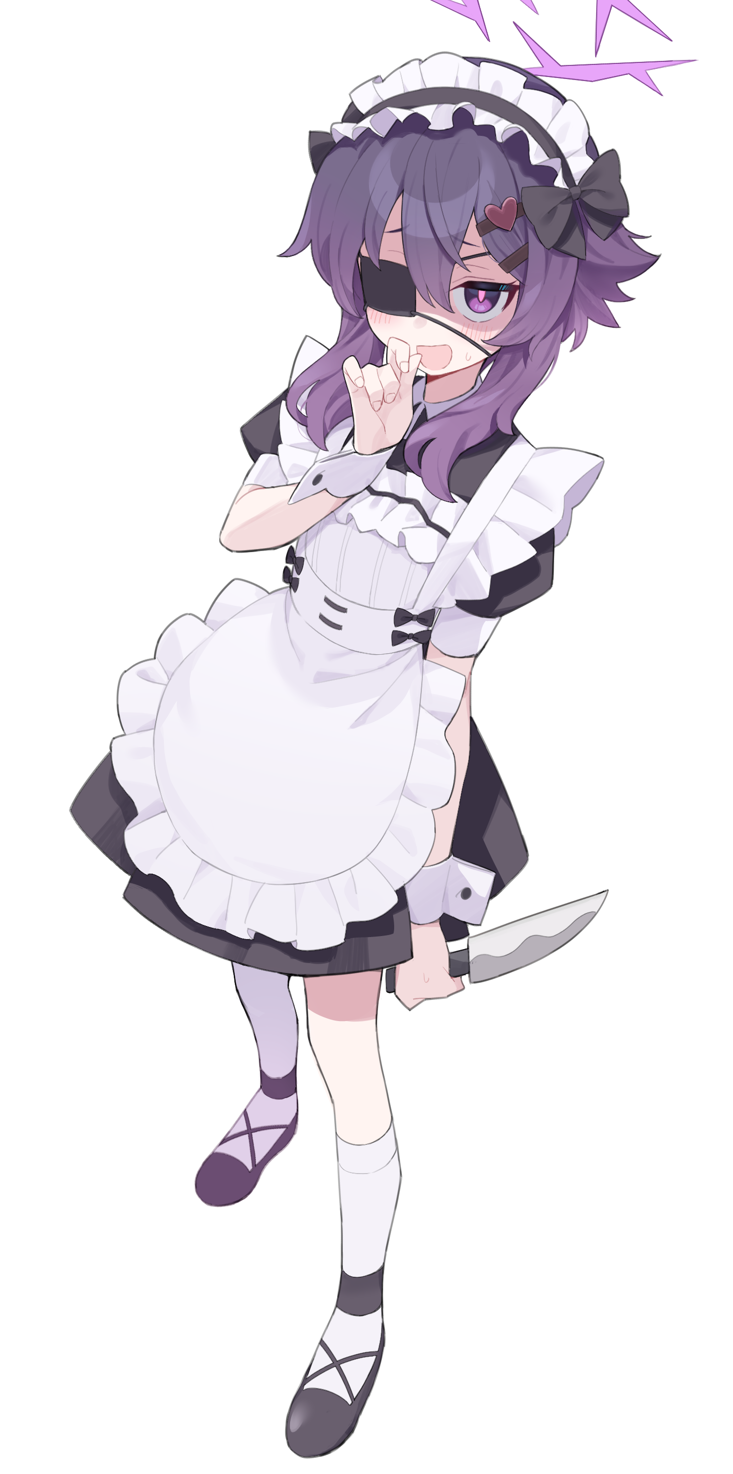 billbung, haruka (blue archive), blue archive, absurdres, highres, 1girl, apron, eyepatch, hair between eyes, halo, holding, holding knife, knife, maid, maid apron, maid headdress, medium hair, purple eyes, purple hair, purple halo, simple background, single sock, single thighhigh, socks, solo, thighhighs, white apron, white background, white headdress, white socks, white thighhighs