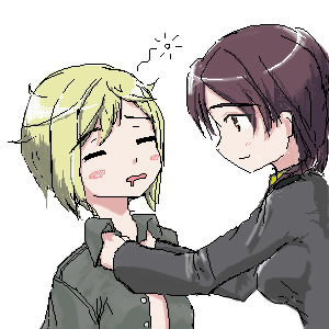 aki426, erica hartmann, gertrud barkhorn, strike witches, world witches series, bad id, bad pixiv id, lowres, 00s, 2girls, blouse, green shirt, multiple girls, oekaki, shirt, simple background, wavy mouth, white background