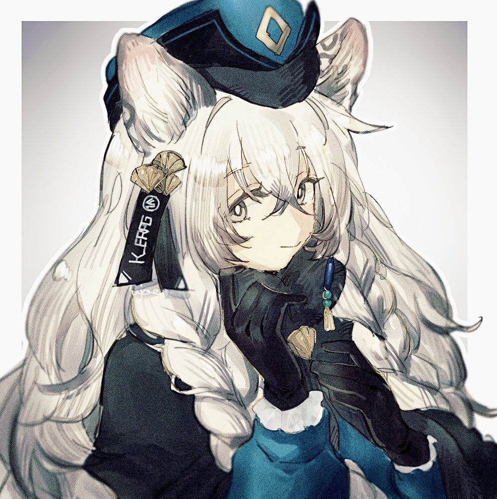 pramanix (arknights), pramanix (caster's frost) (arknights), arknights, commentary request, 1girl, animal ears, black capelet, black gloves, blue dress, blue hat, braid, capelet, cat ears, cat girl, dress, gloves, gradient background, grey background, grey eyes, hair between eyes, hair ornament, hands up, hat, long hair, long sleeves, looking at viewer, outside border, sidelocks, sideways glance, solo, tag, twin braids, ujoe 7hr, upper body, very long hair, white hair, winter clothes