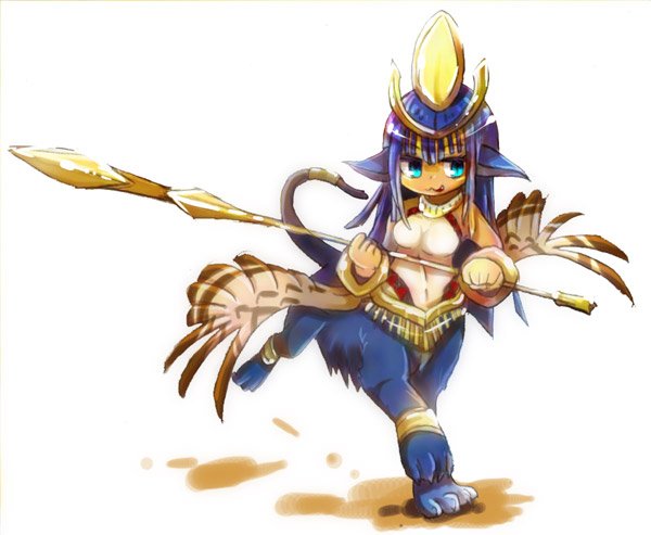 sphinx (eco), emil chronicle online, 1girl, :3, blue eyes, blue hair, breasts, brown wings, dark skin, dress, gold choker, hair ornament, holding, holding staff, karukuro, long hair, medium breasts, sleeveless, sleeveless dress, solo, sphinx, staff, tail, white background, white dress, wings