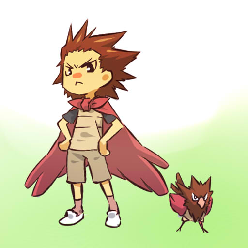 hitec, spearow, moemon, nintendo, pokemon, pokemon rgby, 1990s (style), 1boy, bird, brown hair, cape, creature and personification, gen 1 pokemon, male focus, personification, pokemon (creature), retro artstyle, shirt, shorts, socks, spiked hair, t-shirt, wings