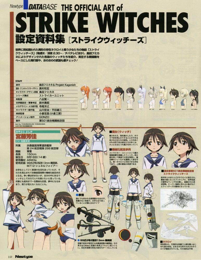charlotte e. yeager, miyafuji yoshika, strike witches, world witches series, scan, 00s, 6+girls, arm up, ass, black hair, brown hair, buruma, bust chart, copyright name, drum magazine, high-capacity magazine, long sleeves, looking at viewer, magazine (weapon), multiple girls, rabbit girl, shirt, short hair, sportswear, standing, swimsuit, swimsuit under clothes, white shirt