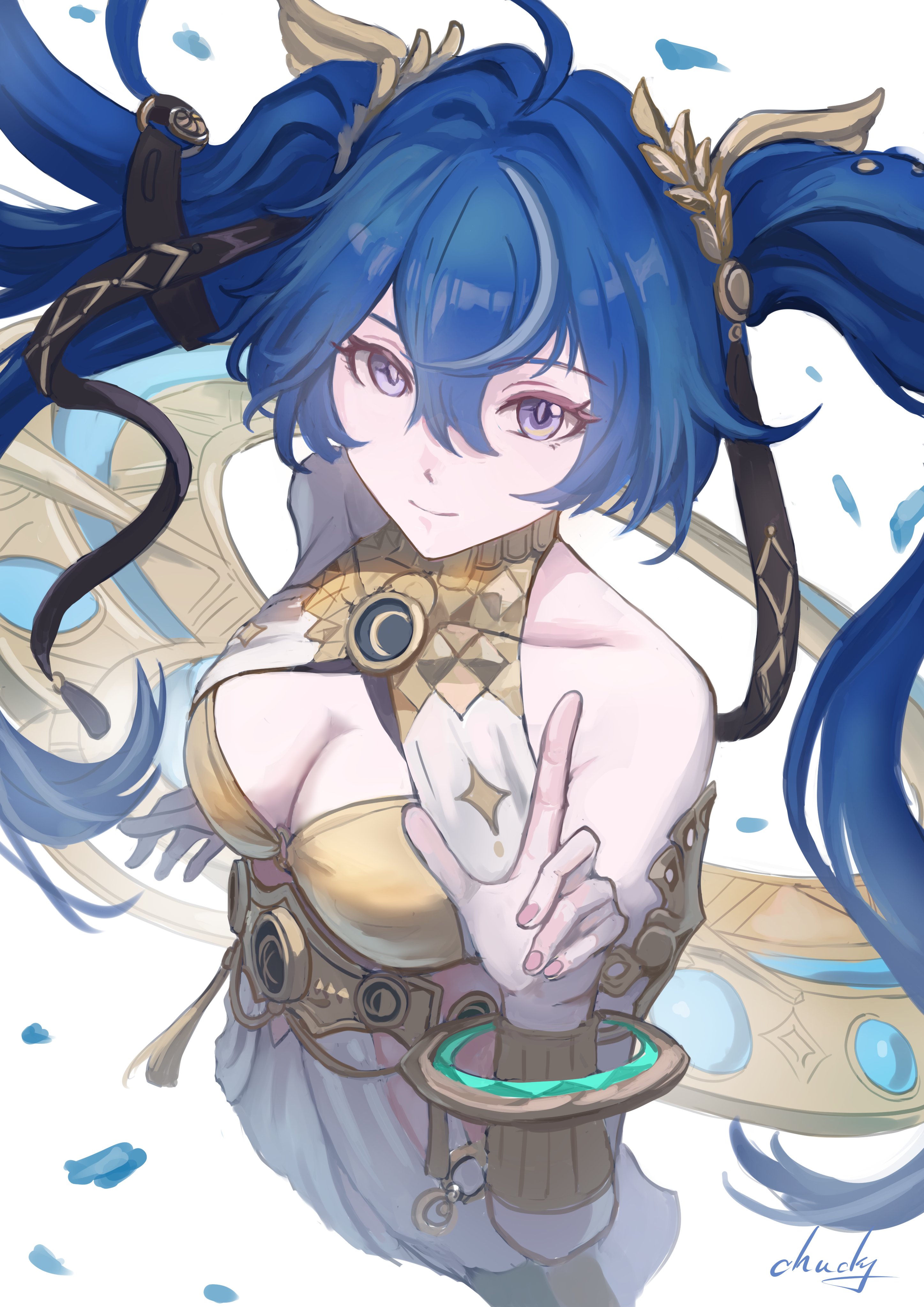chucky (chucky1000sun), iuno (wuthering waves), wuthering waves, absurdres, commentary, highres, 1girl, ahoge, ancient greek clothes, bare shoulders, blue hair, breasts, cleavage, closed mouth, from above, gold bra, greco-roman clothes, hair belt, hair between eyes, hand up, head wreath, long hair, looking at viewer, looking up, medium breasts, multicolored hair, purple eyes, signature, simple background, smile, solo, streaked hair, twintails, very long hair, white background