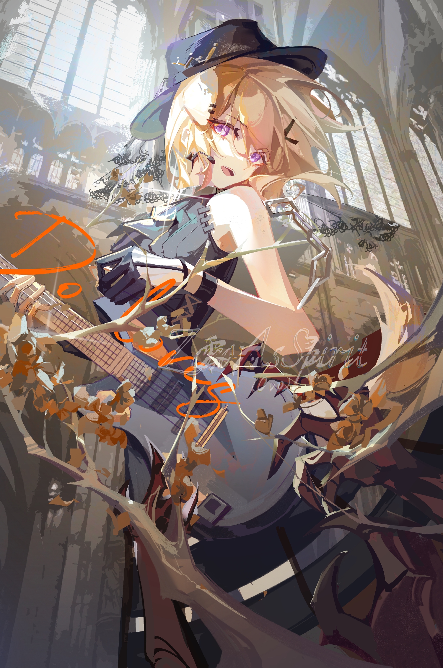 zeroas54653, doloris (bang dream!), misumi uika, misumi uika (caged singer), arknights, bang dream!, bang dream! it's mygo!!!!!, highres, 1girl, :d, animal ears, black dress, black gloves, black hat, blonde hair, branch, character name, cowboy shot, dog ears, dog girl, dress, gloves, guitar, hair between eyes, half gloves, hat, holding, holding guitar, holding instrument, indoors, instrument, kemonomimi mode, leaf, looking at viewer, medium hair, open mouth, purple eyes, sleeveless, sleeveless dress, smile, solo, standing, window