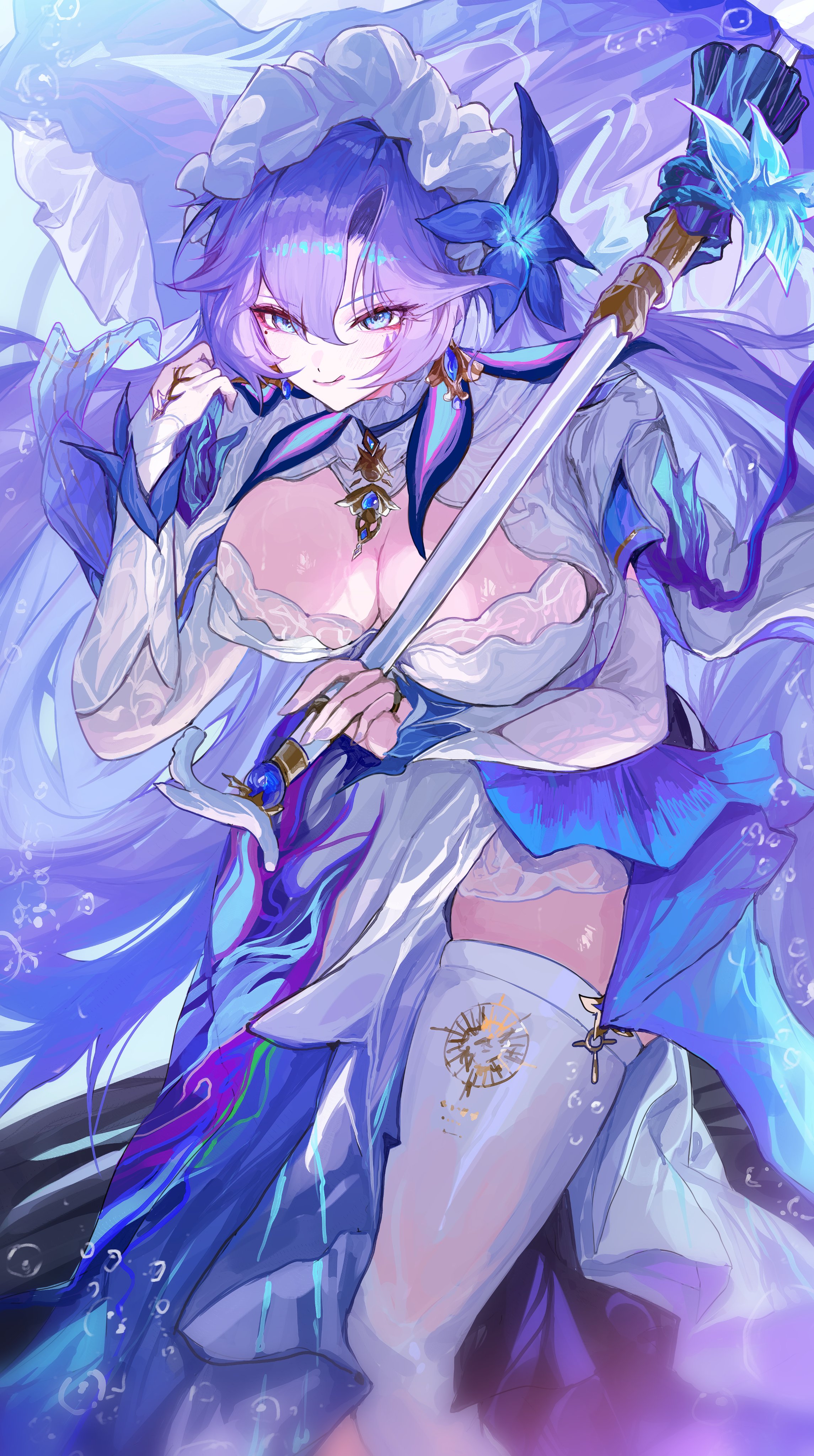 yuki flourish, cantarella (wuthering waves), wuthering waves, absurdres, commentary, highres, symbol-only commentary, 1girl, :q, blue eyes, blue flower, breasts, cleavage, closed mouth, dress, earrings, facial mark, feet out of frame, flower, hair between eyes, hair flower, hair ornament, hand up, headdress, holding, holding umbrella, jewelry, large breasts, leaning forward, long hair, looking at viewer, mark under eye, mole, mole under eye, nail polish, parasol, purple hair, purple nails, purple umbrella, shrug (clothing), single thighhigh, skindentation, smile, solo, thighhighs, thighs, tongue, tongue out, umbrella, very long hair, white dress, white shrug, white thighhighs