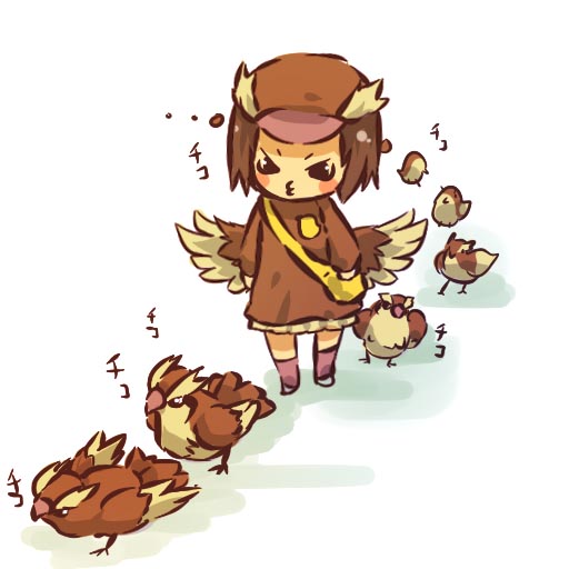 hitec, pidgey, moemon, nintendo, pokemon, pokemon rgby, 1990s (style), 1girl, bag, bird, blush, blush stickers, brown eyes, brown hair, costume, creature and personification, gen 1 pokemon, hat, o3o, personification, pokemon (creature), retro artstyle, walking, wings