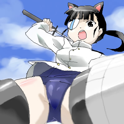 choco (moyasi), choko (moyasi), sakamoto mio, strike witches, world witches series, lowres, 00s, 1girl, animal ears, eyepatch, female focus, ponytail, solo, striker unit