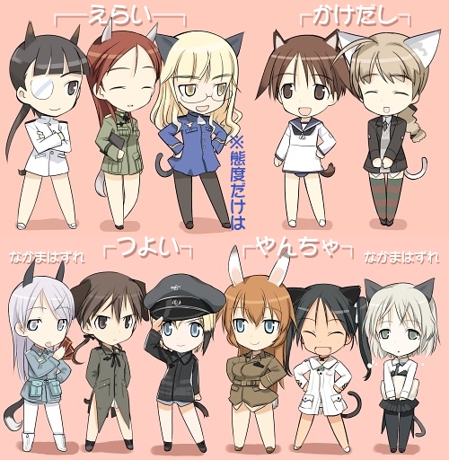 shimada fumikane, charlotte e. yeager, eila ilmatar juutilainen, erica hartmann, francesca lucchini, gertrud barkhorn, lynette bishop, minna-dietlinde wilcke, miyafuji yoshika, perrine h. clostermann, sakamoto mio, sanya v. litvyak, strike witches, world witches series, white legwear, translated, 00s, 501st joint fighter wing, 6+girls, animal ears, black pantyhose, cat ears, everyone, hands on own hips, hat, multiple girls, pantyhose, peaked cap, rabbit ears, rabbit girl, rabbit tail, standing, striped clothes, striped thighhighs, thighhighs