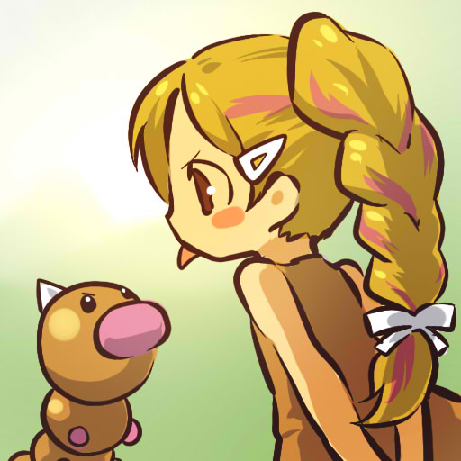 hitec, weedle, moemon, nintendo, pokemon, pokemon rgby, 1990s (style), 1girl, :p, arms behind back, blush stickers, bow, braid, brown eyes, costume, creature and personification, gen 1 pokemon, hair ornament, hairclip, horns, multicolored hair, orange hair, personification, pokemon (creature), retro artstyle, spikes, tongue, tongue out, two-tone hair