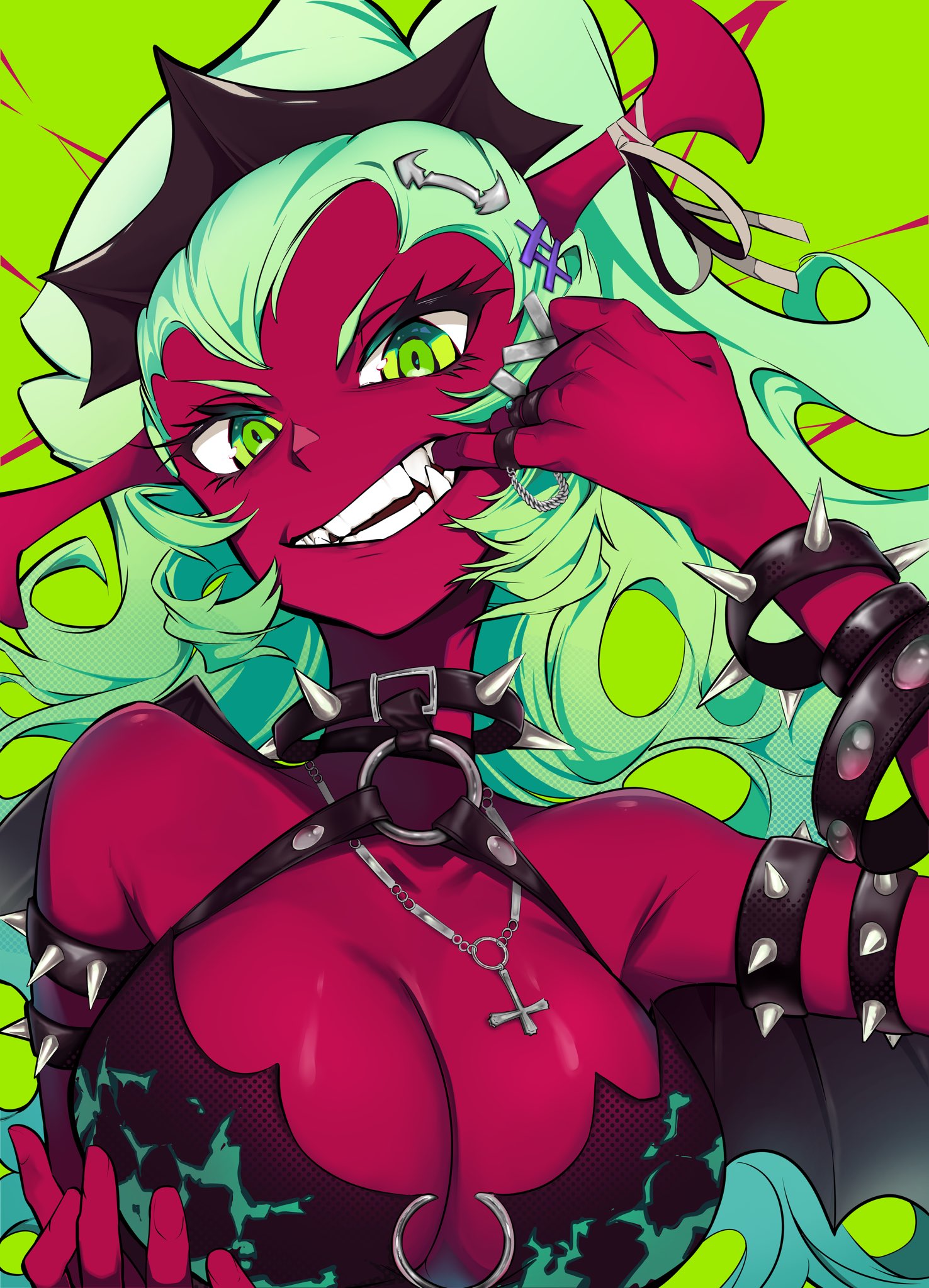 scanty (psg), panty & stocking with garterbelt, highres, 1girl, bracelet, breasts, cleavage, colored skin, demon girl, demon horns, green background, green eyes, green hair, horns, jewelry, large breasts, long hair, looking at viewer, red skin, smile, solo, spiked bracelet, spikes, teeth, upper body, uuunagidon