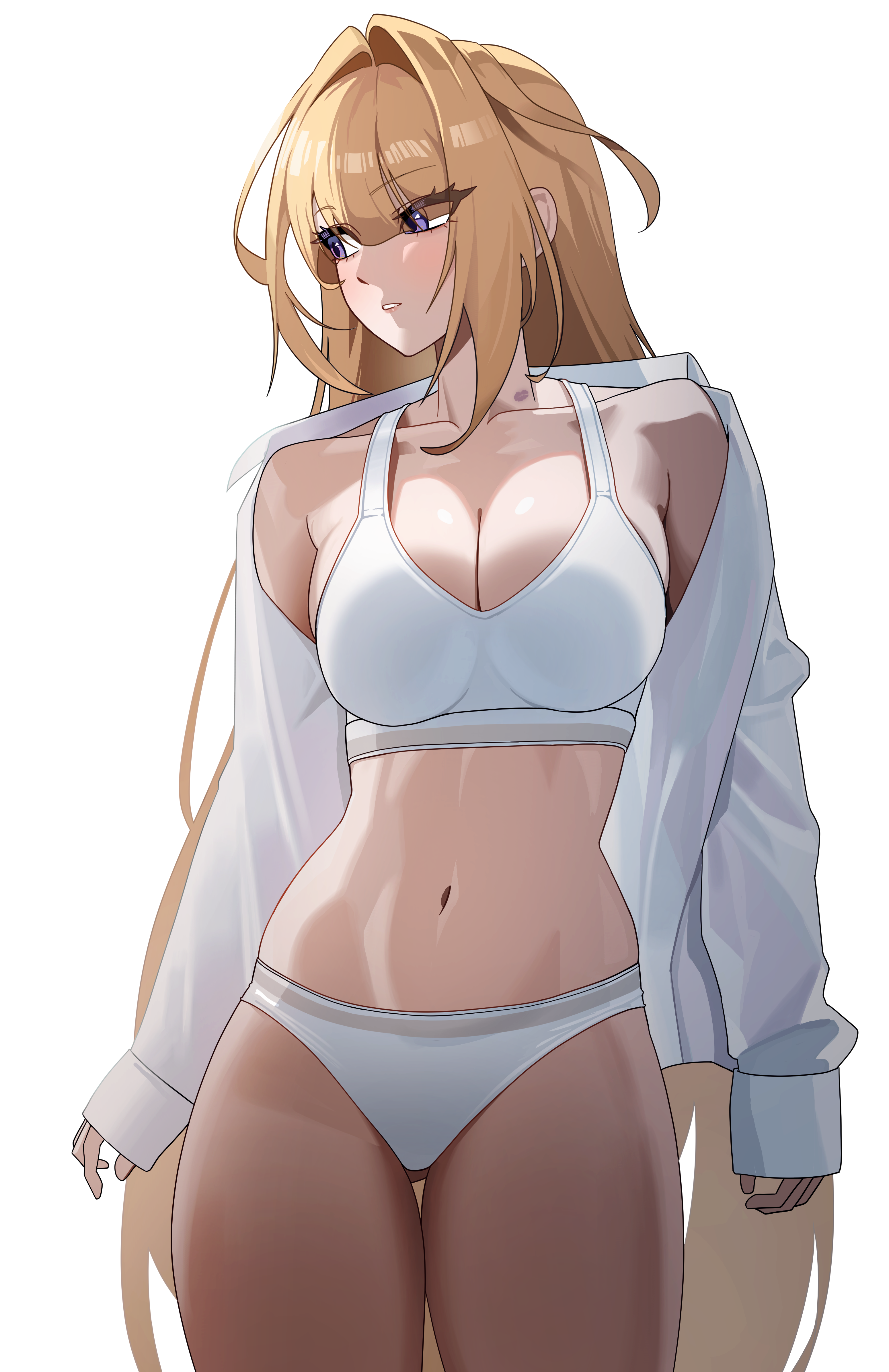 aiden (ofsb), evelyn chevalier, zenless zone zero, absurdres, commentary, highres, 1girl, bare legs, bare shoulders, blonde hair, blush, bra, breasts, hair between eyes, hickey, long hair, looking to the side, midriff, navel, panties, purple eyes, shirt, solo, standing, teeth, underwear, uneven bangs, white background, white bra, white panties, white shirt