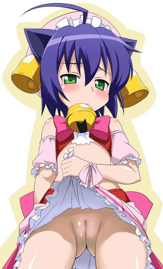youkan, midarezaki kyouka, kyouran kazoku nikki, 00s, 1girl, ahoge, animal ears, bad anatomy, bad vulva, bell, blue hair, blush, bow, cat ears, cleft of venus, clothes lift, female focus, green eyes, hat, loli, midriff, no panties, pink bow, poorly drawn, purple hair, pussy, short hair, skirt, skirt lift, solo, uncensored