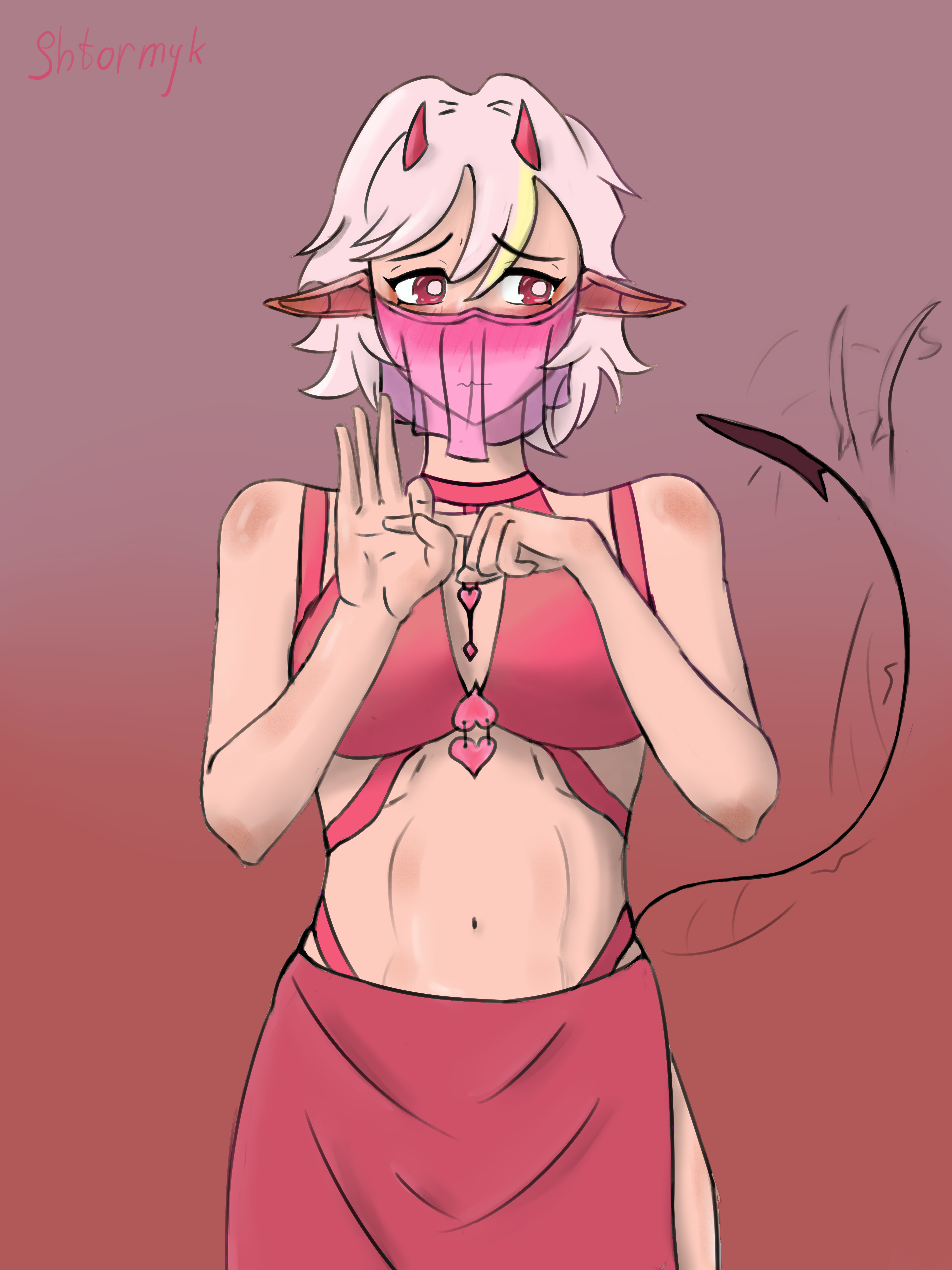 original, absurdres, commentary, english commentary, highres, self-upload, 1girl, belt, blue skin, blush, braid, breasts, bright pupils, colored skin, cowboy shot, facing viewer, flower, hair flower, hair ornament, looking to the side, mouth veil, mr shtormyk, open belt, penetration gesture, shy, standing, straight-on, veil