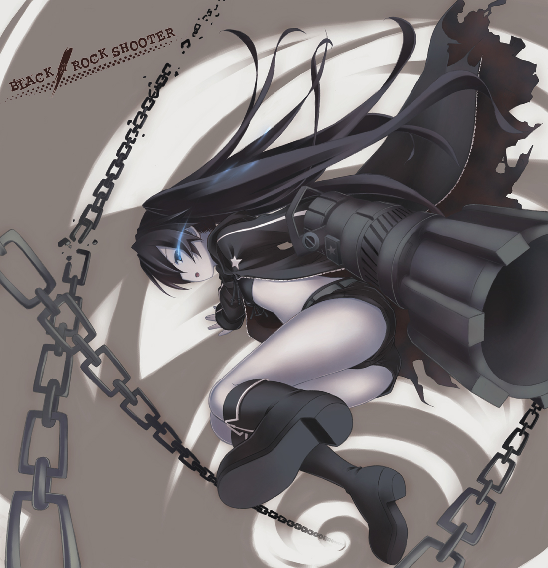 ryo (botugo), black rock shooter (character), black rock shooter, vocaloid, bad id, bad pixiv id, 10s, 1girl, arm cannon, black hair, blue eyes, chain, female focus, foreshortening, glowing, glowing eyes, short shorts, shorts, solo, weapon
