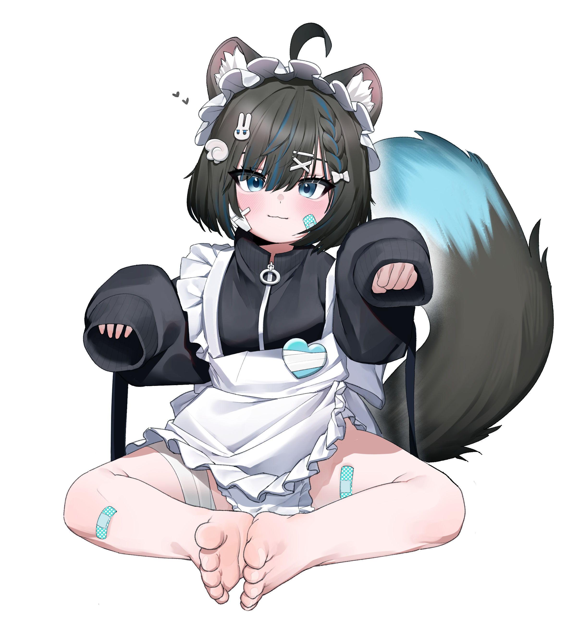 soda (sod4), original, absurdres, commission, highres, 1other, androgynous, animal ears, apron, bandaid, bandaid on cheek, bandaid on face, bandaid on leg, bandaid on thigh, barefoot, black hair, black jacket, bloomers, blue eyes, blue hair, braid, braided bangs, butterfly sitting, cat ears, cat tail, full body, gauze, gauze on cheek, hair ornament, jacket, jersey maid, looking at viewer, maid, maid apron, maid headdress, multicolored hair, no pants, paw pose, rabbit hair ornament, short hair, simple background, sitting, sleeves past fingers, sleeves past wrists, smile, streaked hair, tail, track jacket, unconventional maid, underwear, white apron, white background, white bloomers
