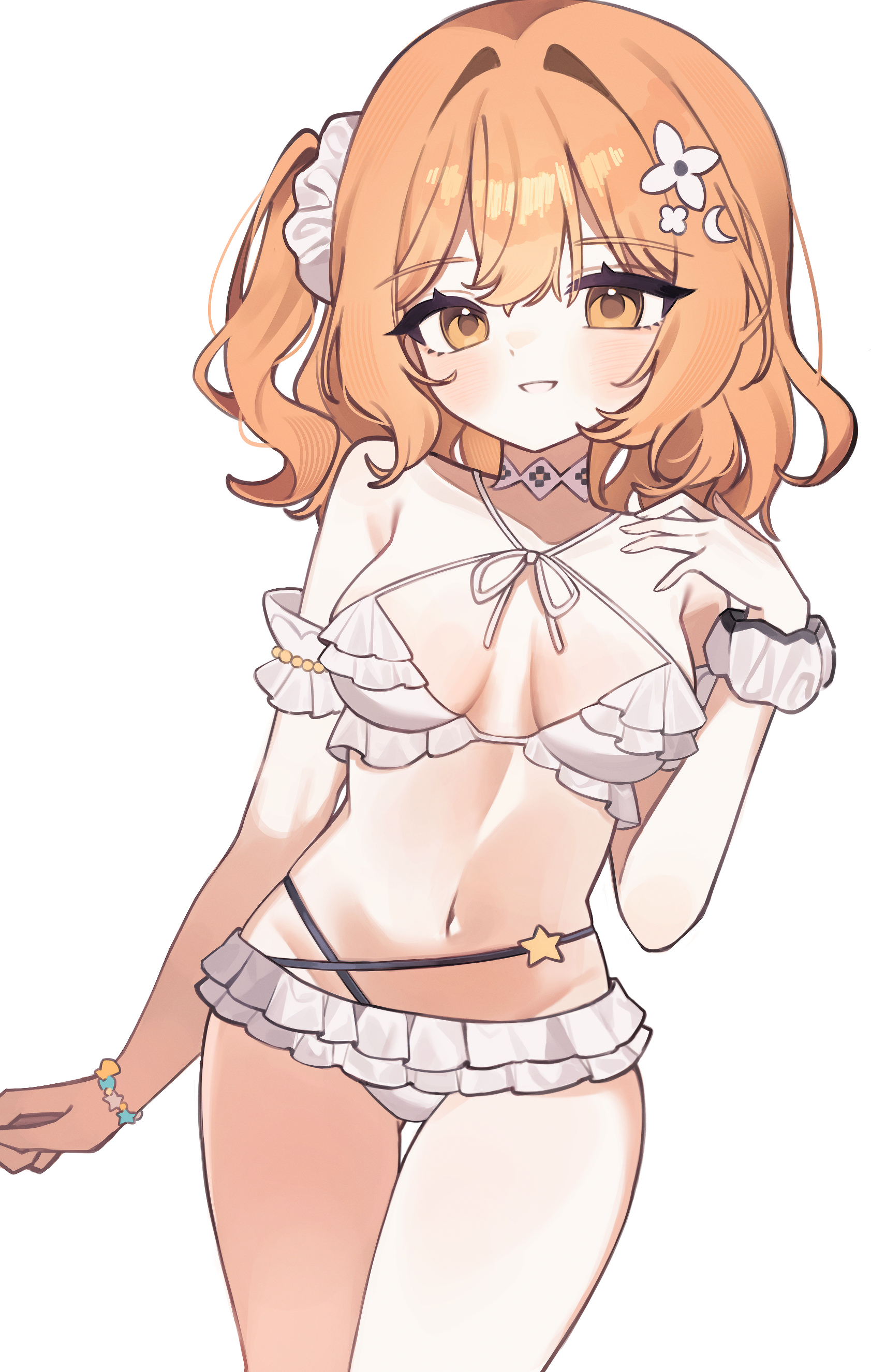 lumia riri, tia (black survival), black survival, eternal return: black survival, absurdres, highres, 1girl, :d, alternate hair length, alternate hairstyle, arm garter, ass, bare shoulders, bikini, bracelet, breasts, breasts apart, choker, collarbone, cowboy shot, crescent, crescent hair ornament, criss-cross halter, double-parted bangs, facing viewer, flower ornament, frilled bikini, frills, gluteal fold, groin, hair between eyes, hair intakes, hair ornament, hair scrunchie, halterneck, hand on own shoulder, jewelry, light blush, looking at viewer, medium breasts, navel, official alternate costume, open mouth, orange eyes, orange hair, parted lips, scrunchie, side ponytail, simple background, smile, solo, swimsuit, thigh gap, white background, white bikini, white choker, white scrunchie, wrist scrunchie