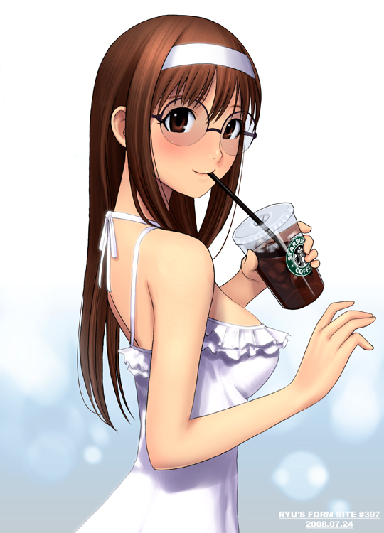 ryu (ryu's form site), original, starbucks, brown eyes, brown hair, coffee, cup, dated, drink, drinking, drinking glass, glasses, hairband, long hair, round eyewear, solo