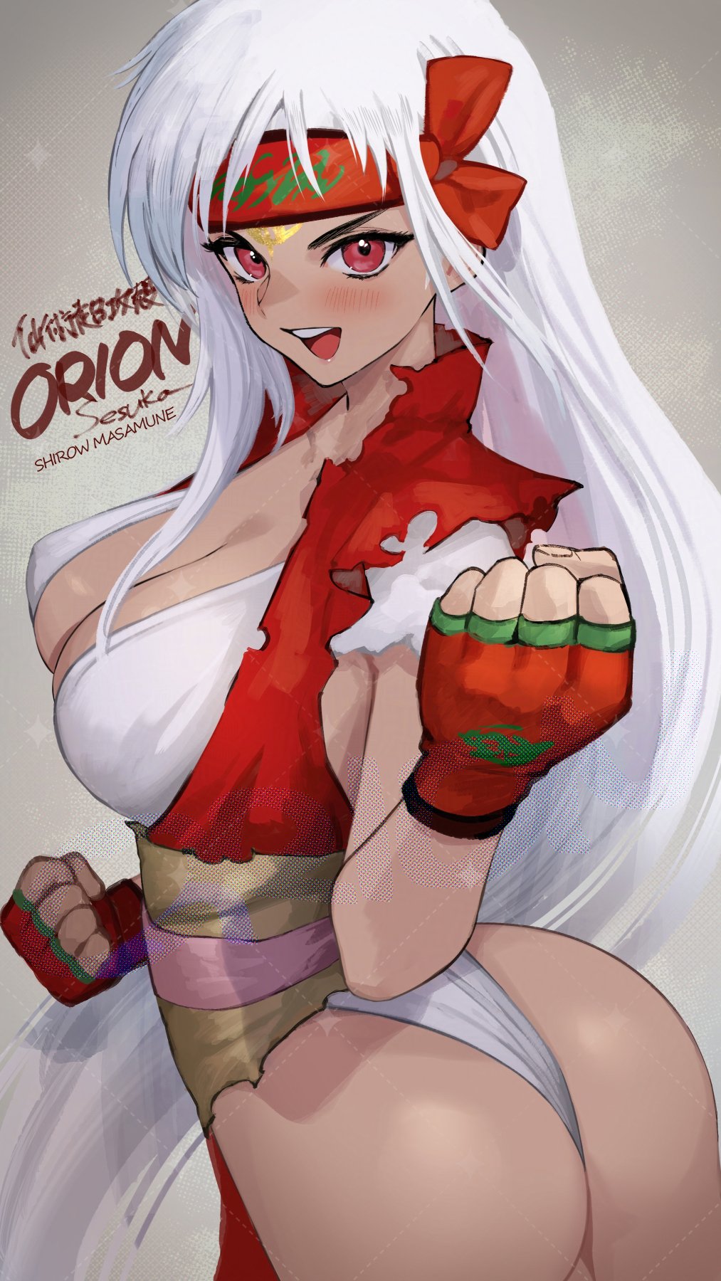 hitowa, seska (senjutsu choukoukaku orion), senjutsu choukoukaku orion, commentary request, highres, 1girl, ass, breasts, brown background, brown sash, cleavage, clenched hands, collarbone, fingerless gloves, gloves, headband, large breasts, long hair, looking at viewer, open mouth, panties, red eyes, red gloves, red headband, red shirt, shirt, short sleeves, simple background, smile, solo, teeth, tongue, underwear, upper teeth only, white panties, white shirt